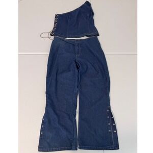 Carolina Blues Denim 2 Piece Set One Shoulder Lace Up Top Wide Leg Pants Blue aa